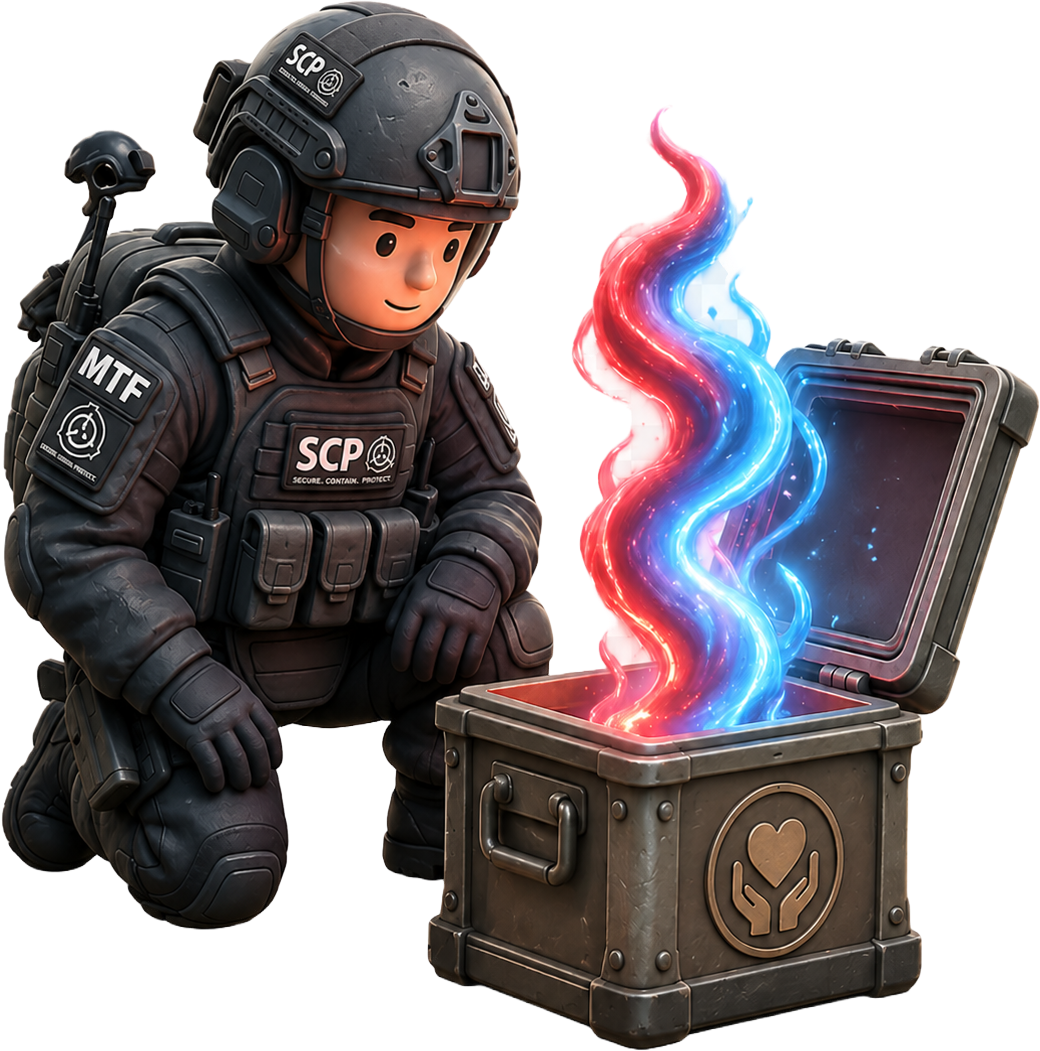 MTF operative crouched over a containment crate with swirling smoke
